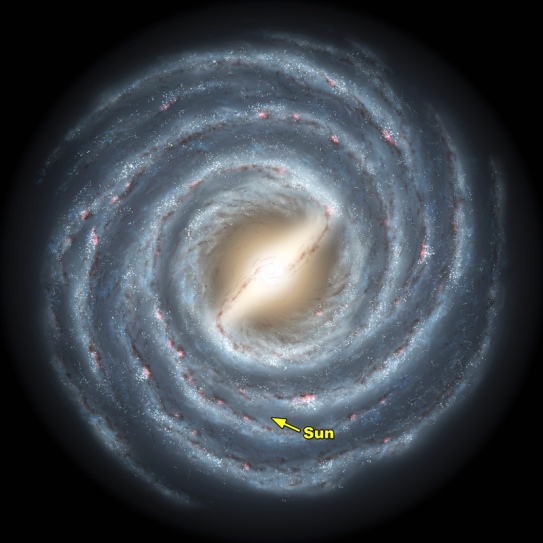 The Milky Way, it turns out, is no ordinary spiral galaxy. According to a massive new survey of stars at the heart of the galaxy by Wisconsin astronomers, including professor of astonomy Edward Churchwell and professor of physics Robert Benjamin, the Milky Way has a definitive bar feature -- some 27,000 light years in length -- that distinguishes it from pedestrian spiral galaxies, as shown in this artist's rendering. The survey, conducted using NASA's Spitzer Space Telescope, sampled light from an estimated 30 million stars in the plane of the galaxy in an effort to build a detailed portrait of the inner regions of the Milky Way. Used with permission by: UW-Madison University Communications 608-262-0067 Illustration by: NASA/JPL-Caltech/R. Hurt (SSC/Caltech)